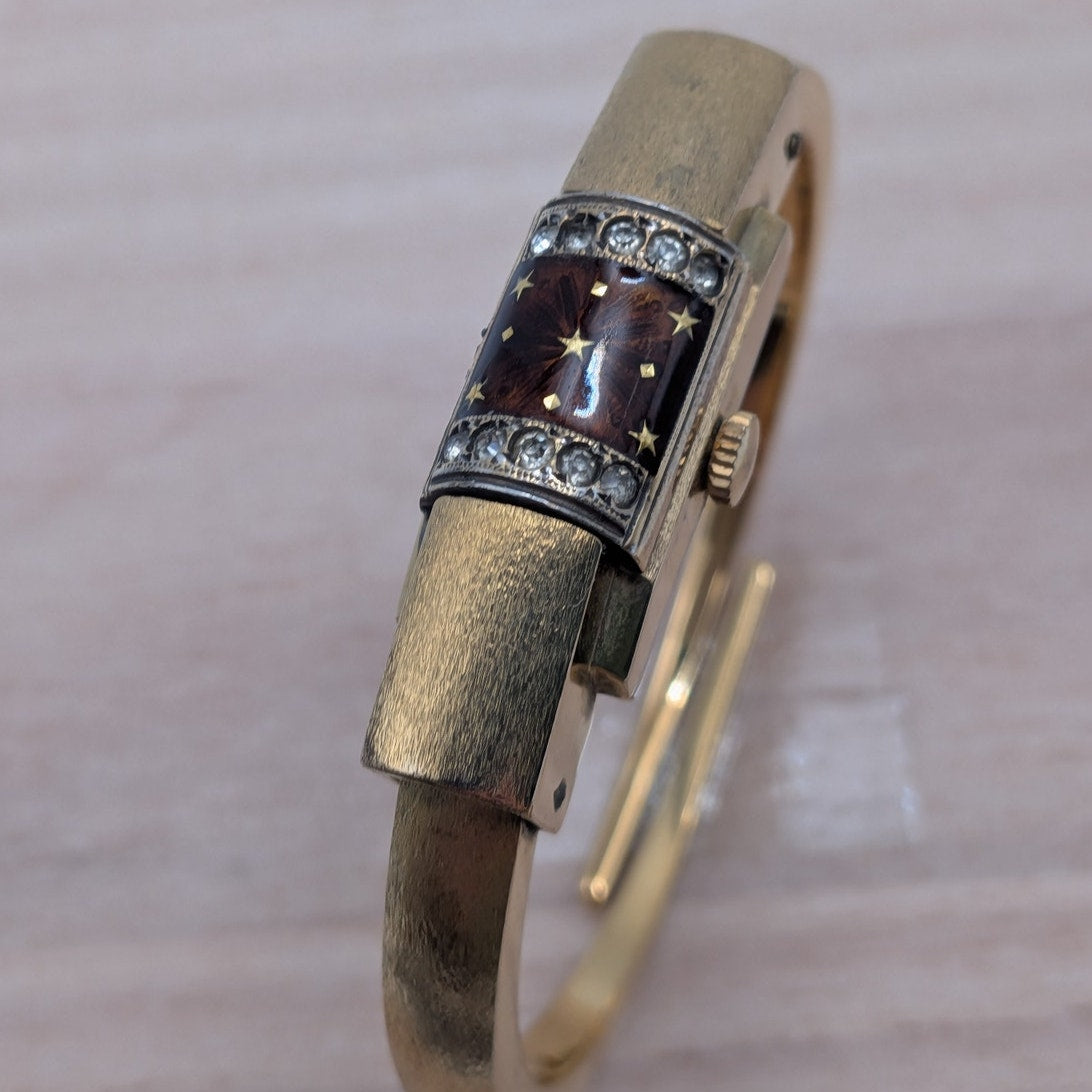 Vintage Chandler Gold Tone Peekaboo Watch Brown Enamel and Stars