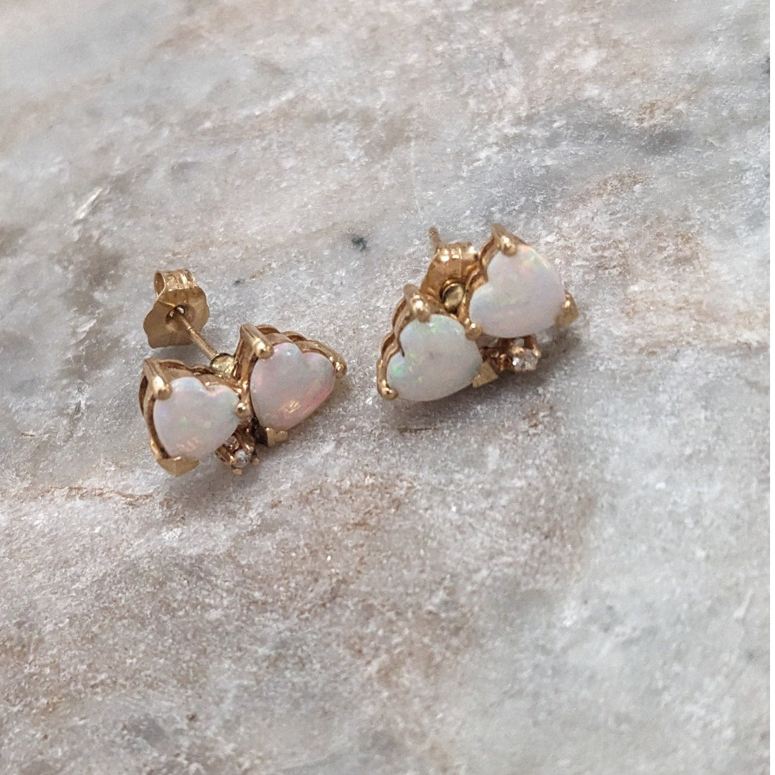 Vintage 14k Yellow Gold Double Opal Hears Stud Earrings