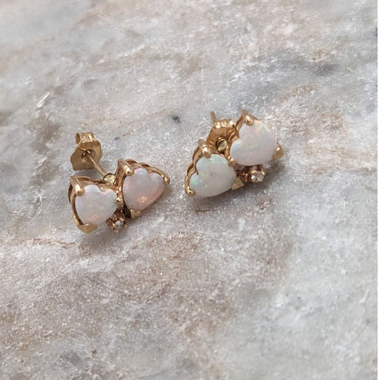 Vintage 14k Yellow Gold Double Opal Hears Stud Earrings