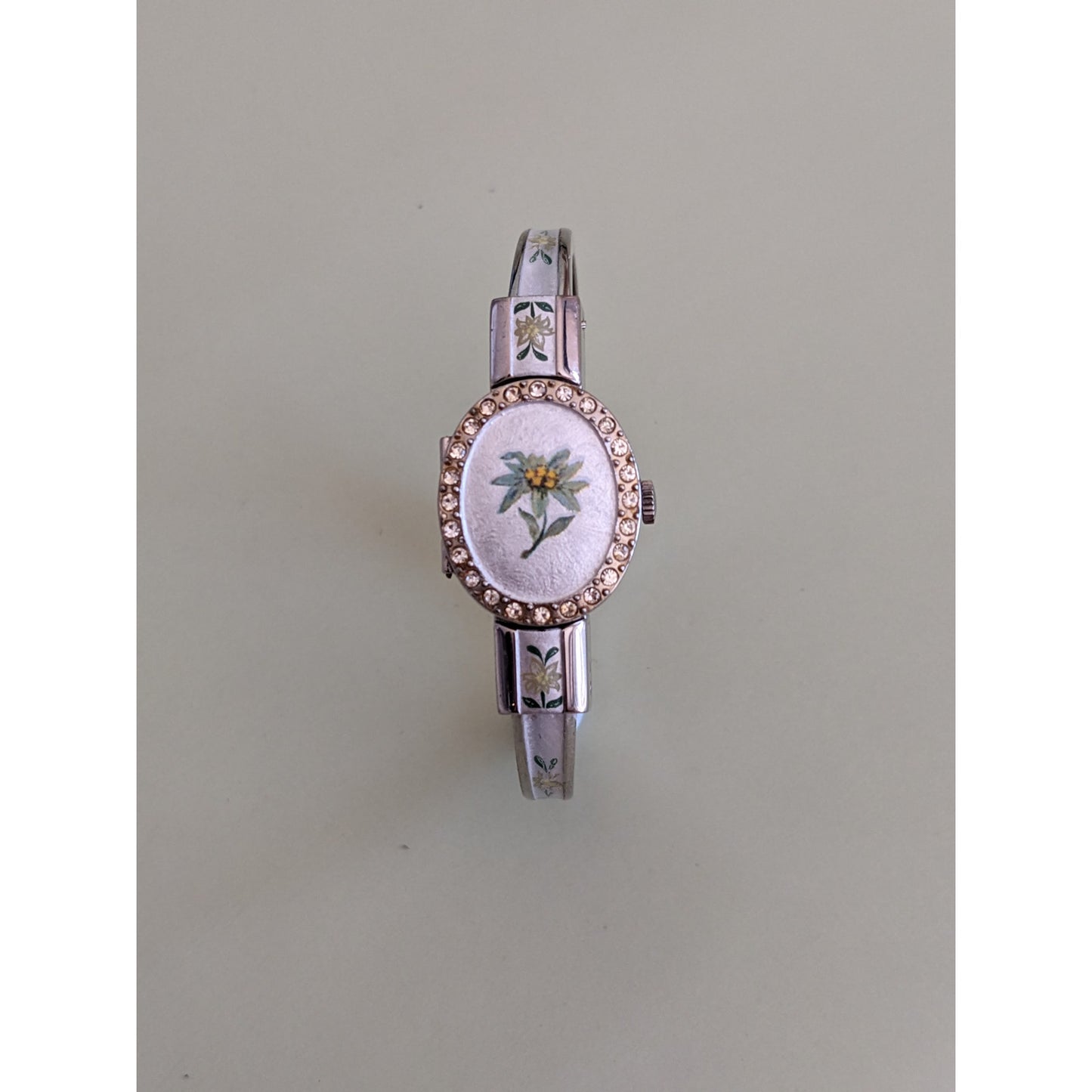 Vintage Andre Mouche Silver Tone Bangle Peekaboo Watch, Silver Enamel