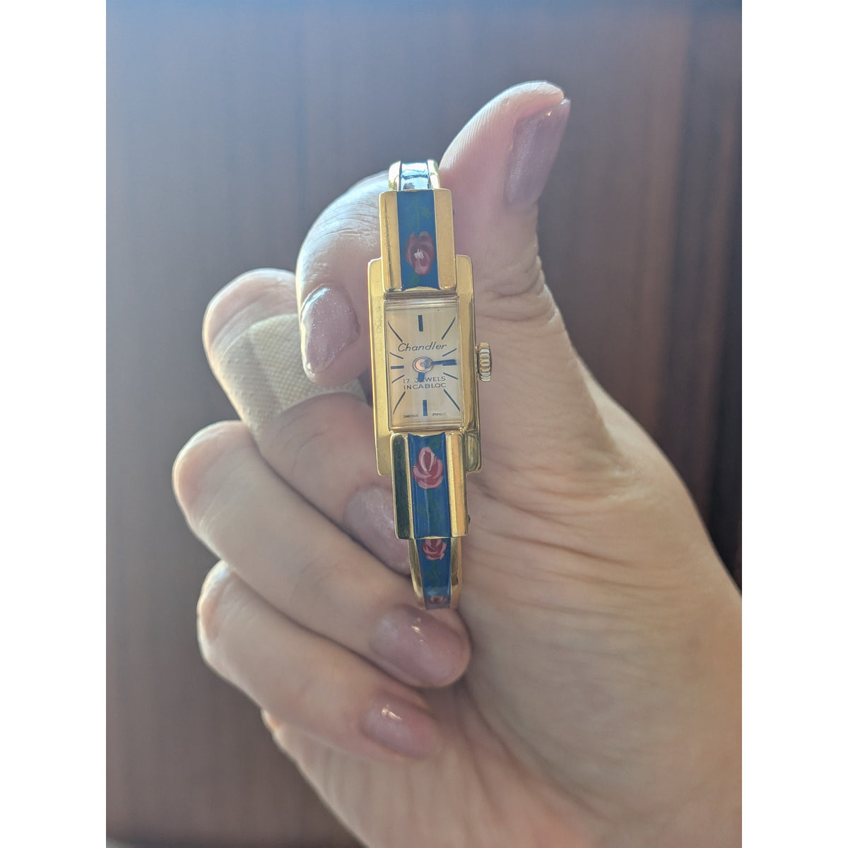 Vintage Chandler 17 Jewel Gold Tone Manual Watch Blue Enamel Red Painted Flowers