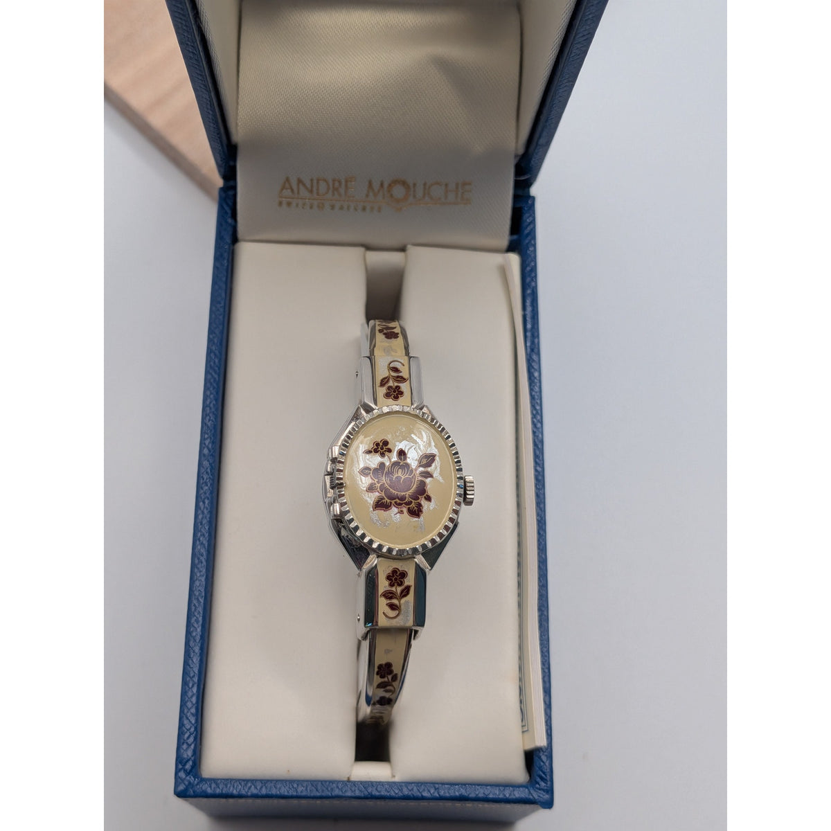 Vintage Andre Mouche Silver Tone Peekaboo Watch Cream Enamel Red Flowers w/ Box