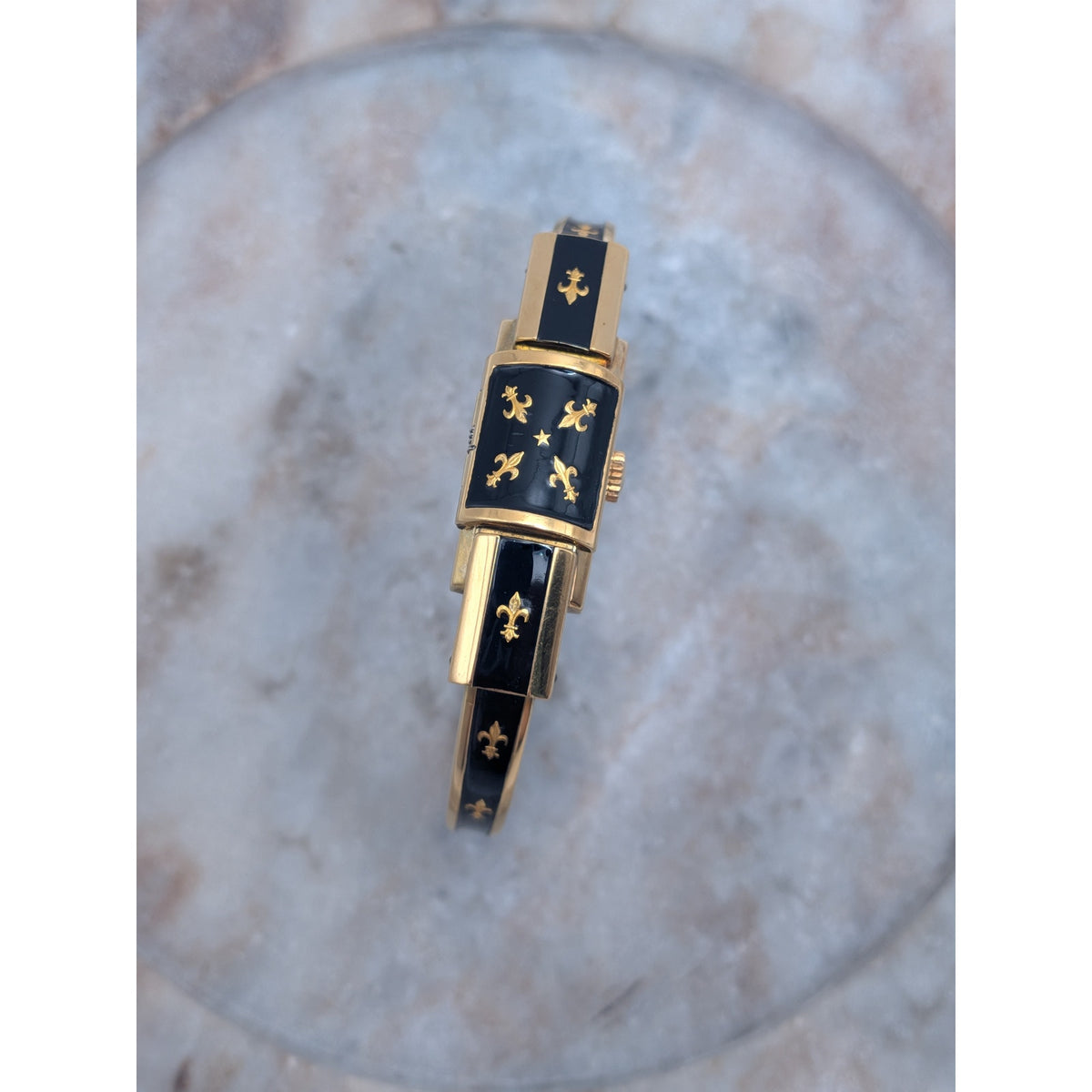 Vintage Chandler Gold Tone Peekaboo Watch Black Enamel Gold Fluer De Lis Accents