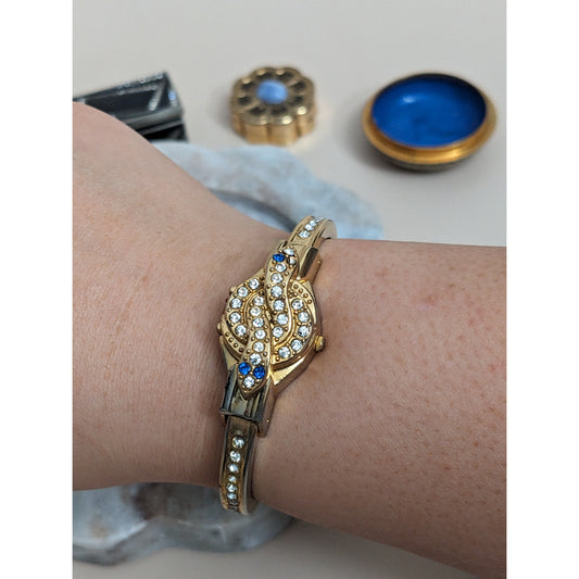 Vintage Andre Mouche Silver Tone Bangle Watch with Blue Floral Enamel Working