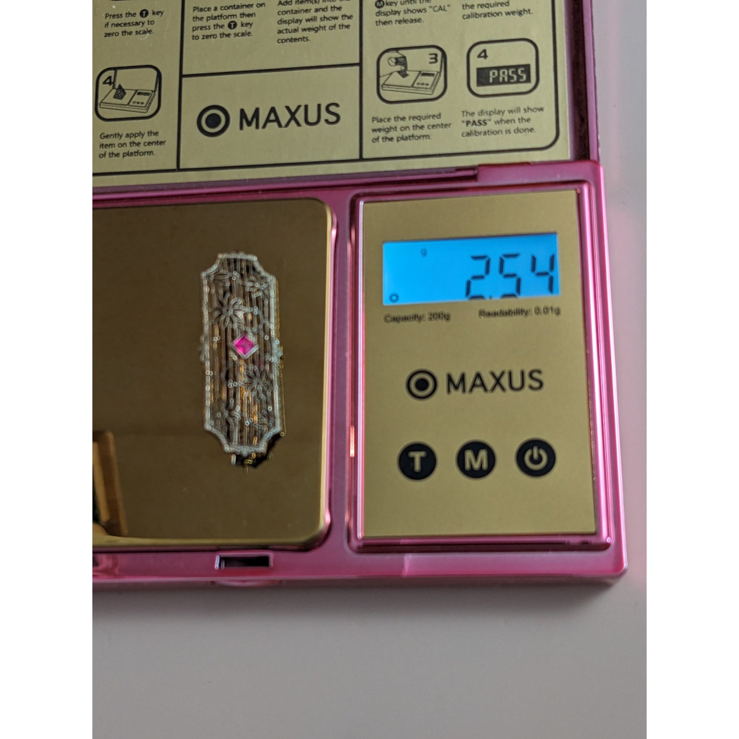 Art Deco 10k White Gold Pink Gem with Floral Filigree Design Brooch