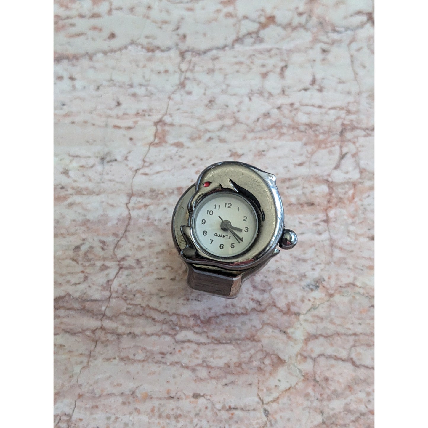 Preowned Patina Silver Tone Ring Watch with Dolphin Working