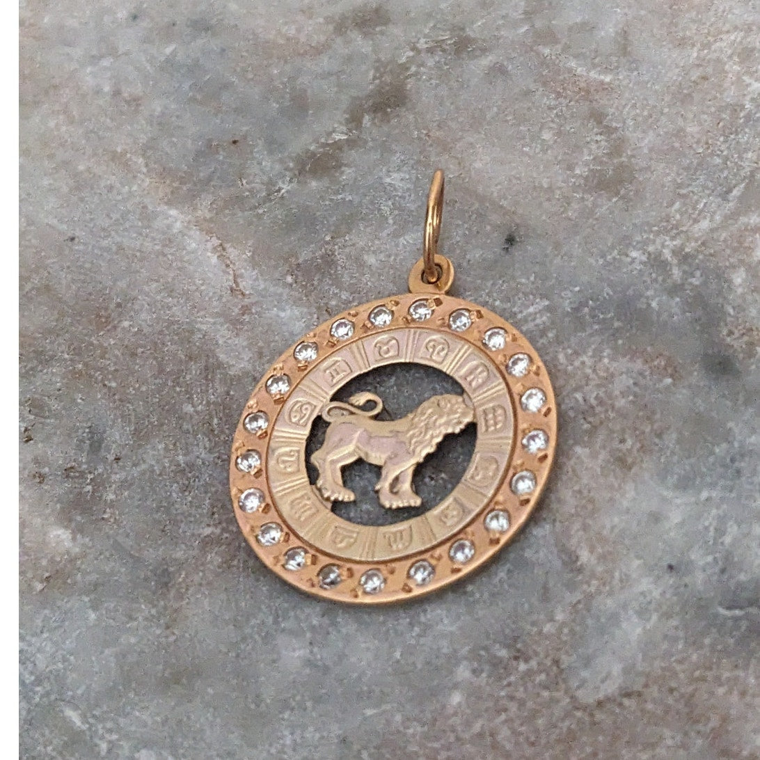 Vintage 14k Rose and Yellow Gold Leo Zodiac Charm Pendant White Stone Accents