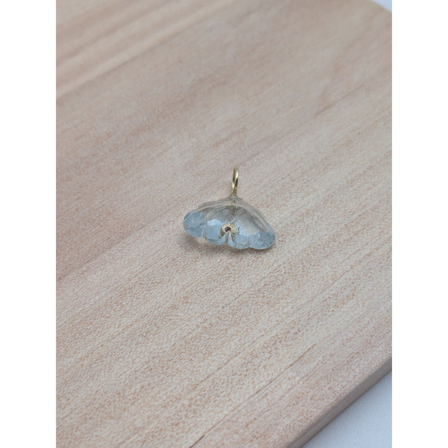 14K Gold Blue Topaz Cloud Pendant Natural Ruby Inlay Carved Gemstone
