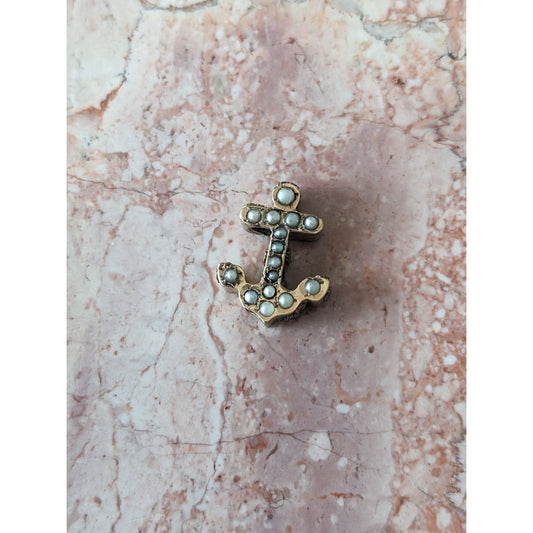 Vintage Unmarked 10k Gold Anchor Shaped Slider Charm with Faux Pearls