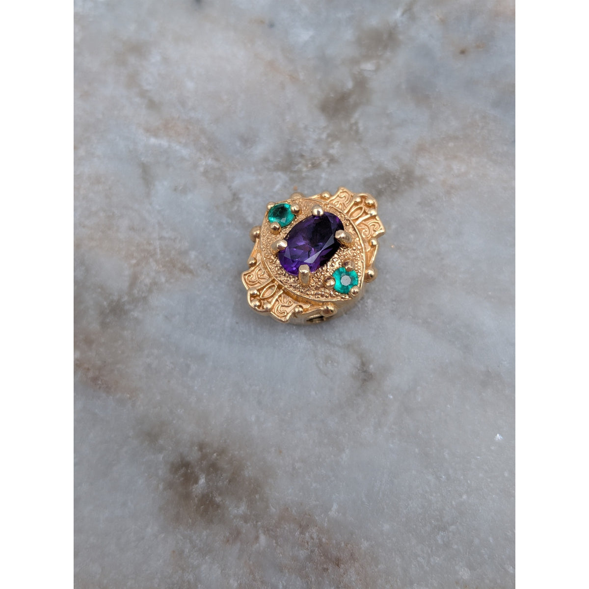 Vintage Old Victoria 14k Gold Bracelet Slide Charm Purple & Green Stones