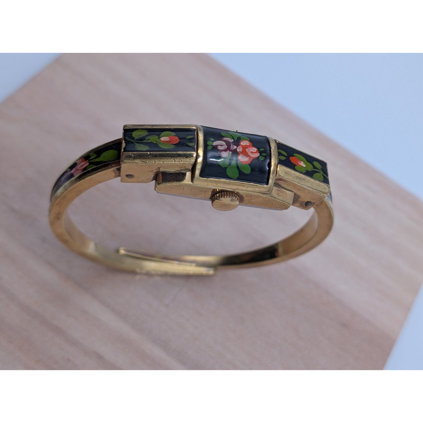 Vintage Ritma Gold Tone Peekaboo Watch Black Enamel Pink Purple Flowers