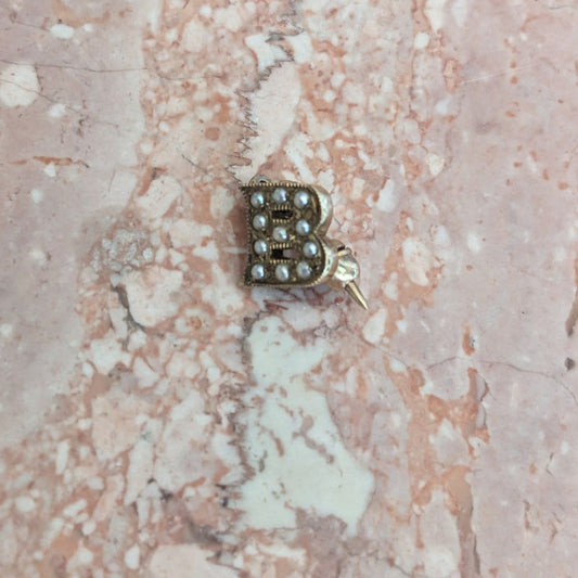 Vintage Unmarked 10k SUPER TINY "B" Letter Seed Pearl Brooch