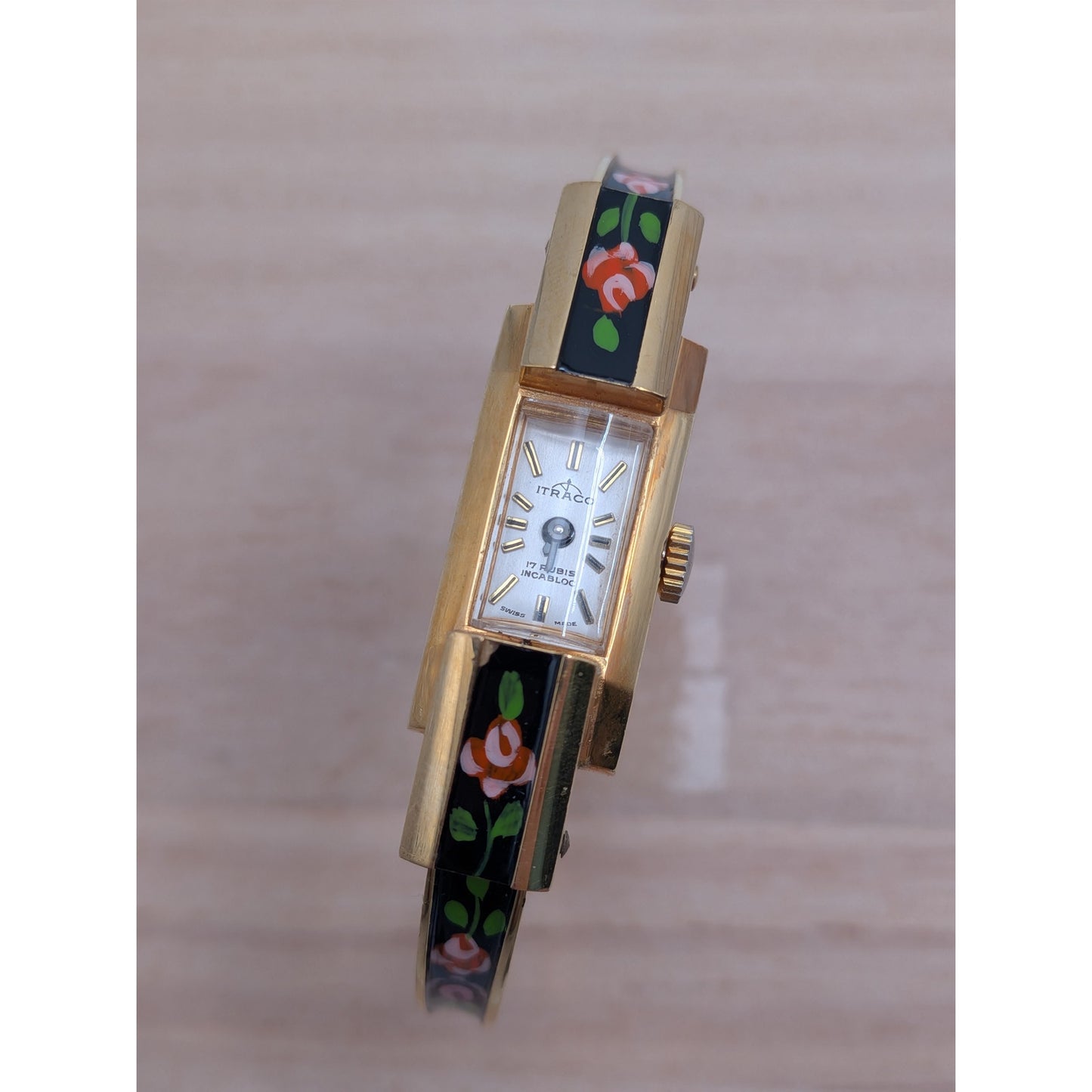 Vintage Itraco Gold Tone Dainty Bangle Watch Black Enamel Pink Purple Flowers