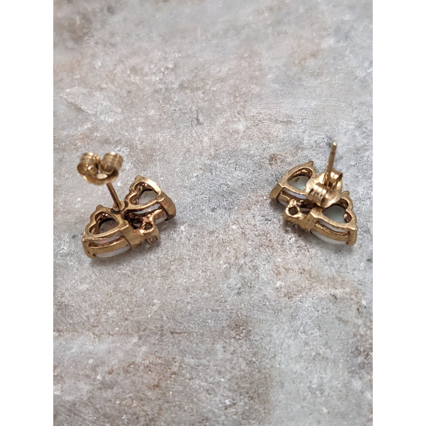 Vintage 14k Yellow Gold Double Opal Hears Stud Earrings