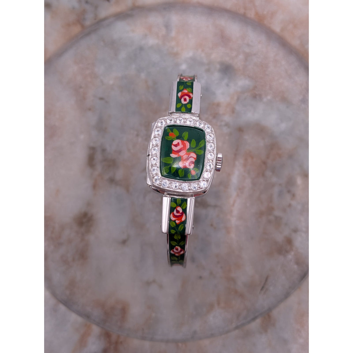 Vintage Chandler MANUAL Silver Tone Peekaboo Watch Dark Green Enamel & Flowers