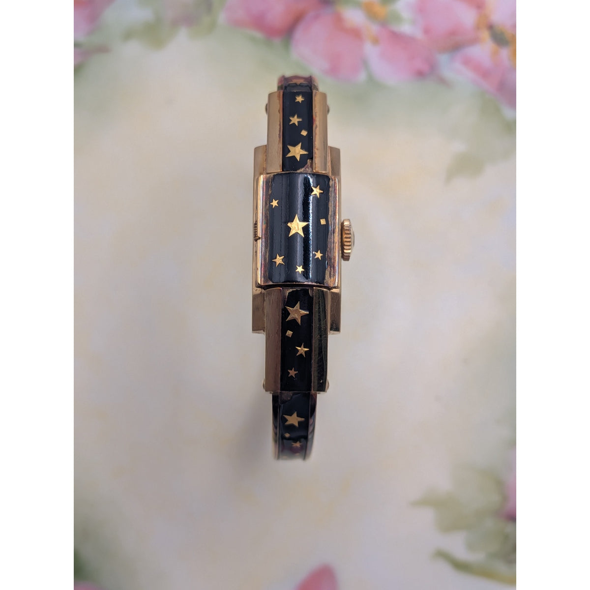 FLAW Vintage Bucherer Gold Peekaboo Watch Black Enamel Gold Stars POOR CONDITION