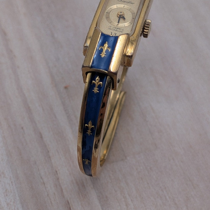 Vintage Chandler Gold Tone Manual Watch Blue Enamel Fleur De Lis Accents