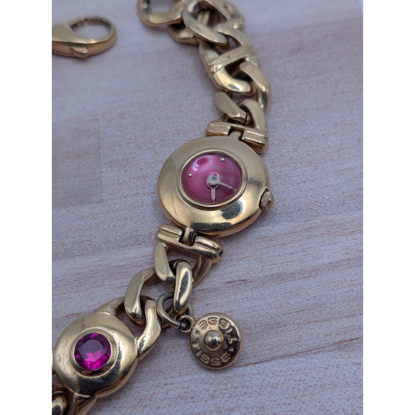 Vintage Seiko Tisse Gold Tone Cuban Link Watch with Pink Stones