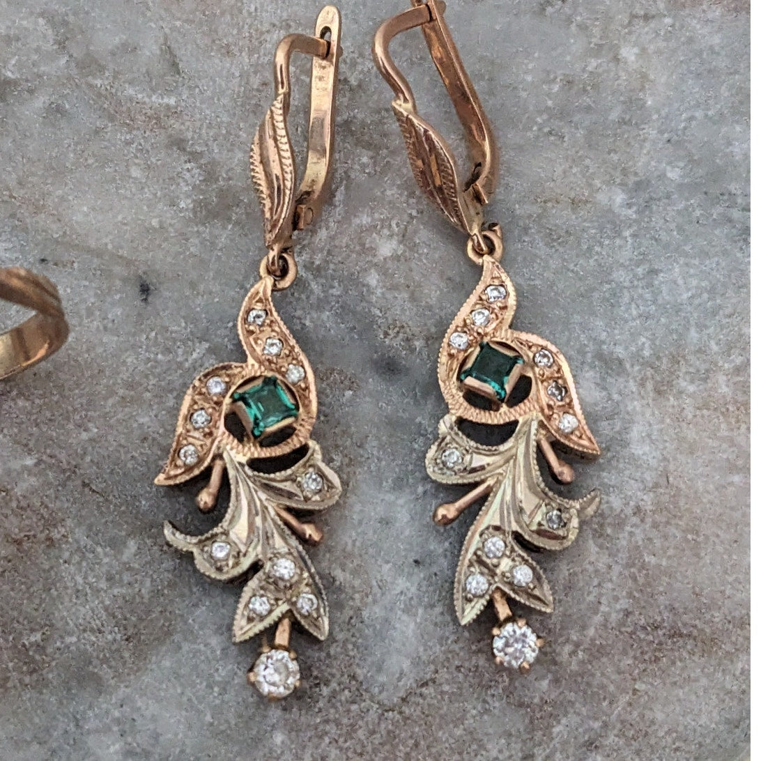Vintage 1990s 14k Gold USSR Ring Size 9 & Earring Lab Emerald Natural Diamonds