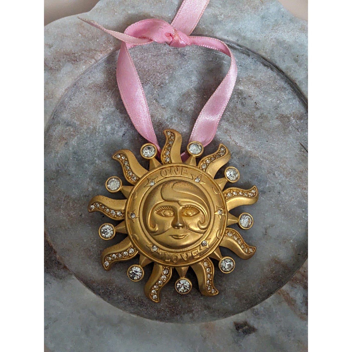 Vintage Kirks Folly Gold Tone Sun Face One Love Brooch/Pendant