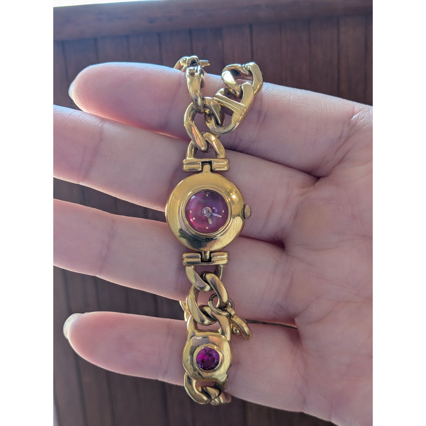 Vintage Seiko Tisse Gold Tone Cuban Link Watch with Pink Stones