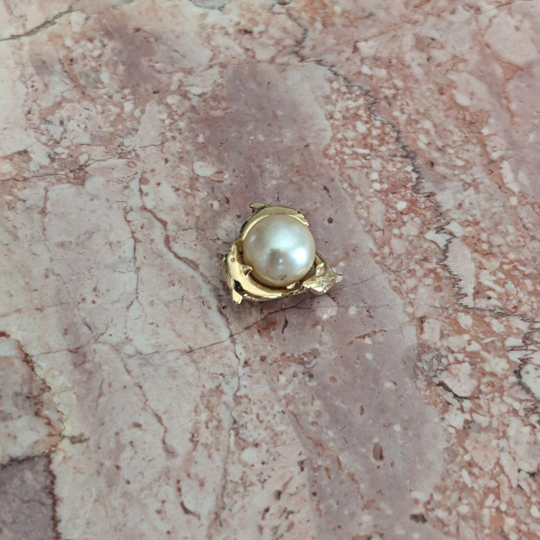 Vintage 14k Yellow Gold Wyland Cultured Pearl and Trio Dolphin Pendant