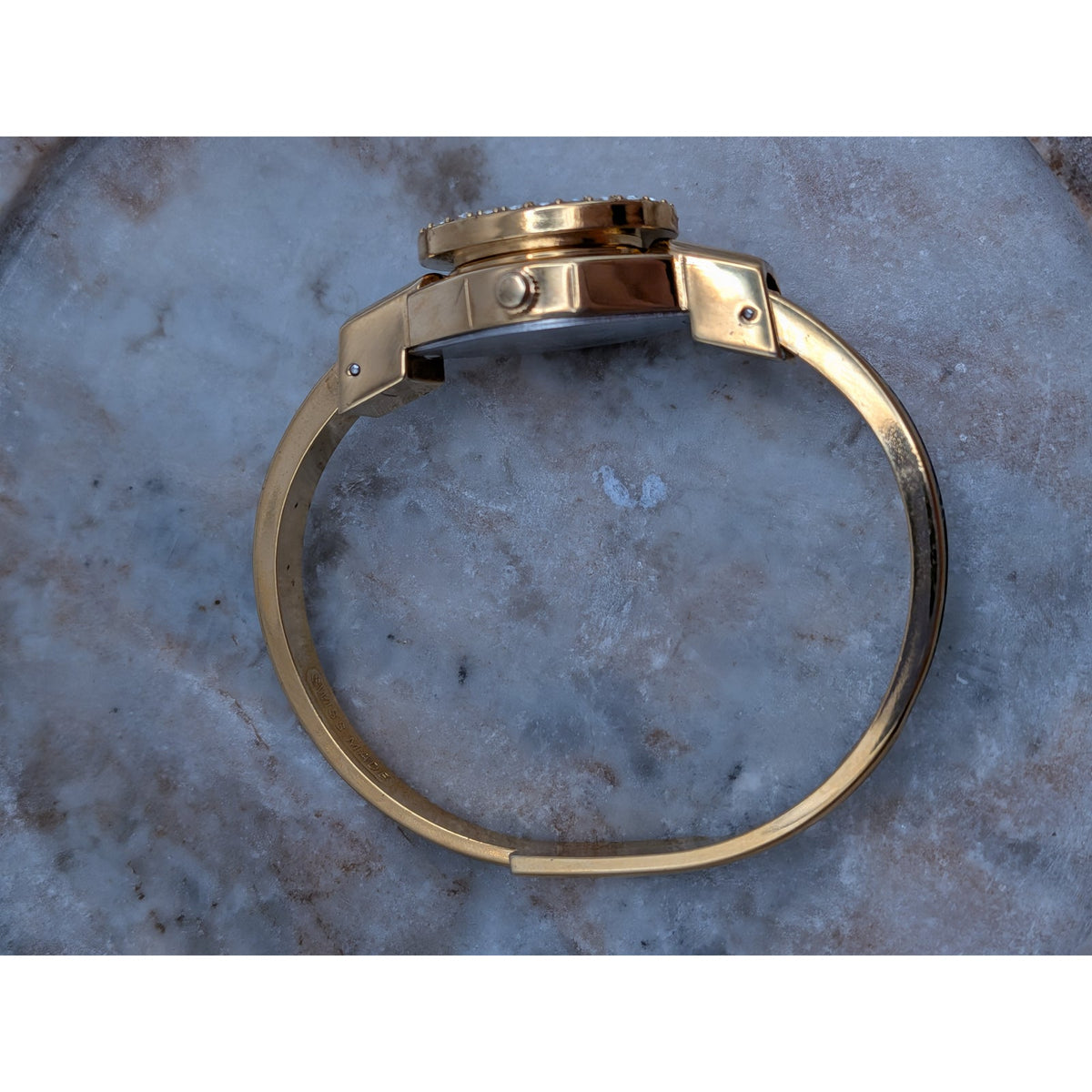 FLAW Vintage Andre Mouche Gold Tone Peekaboo Watch Blue Enamel and Flower Accent