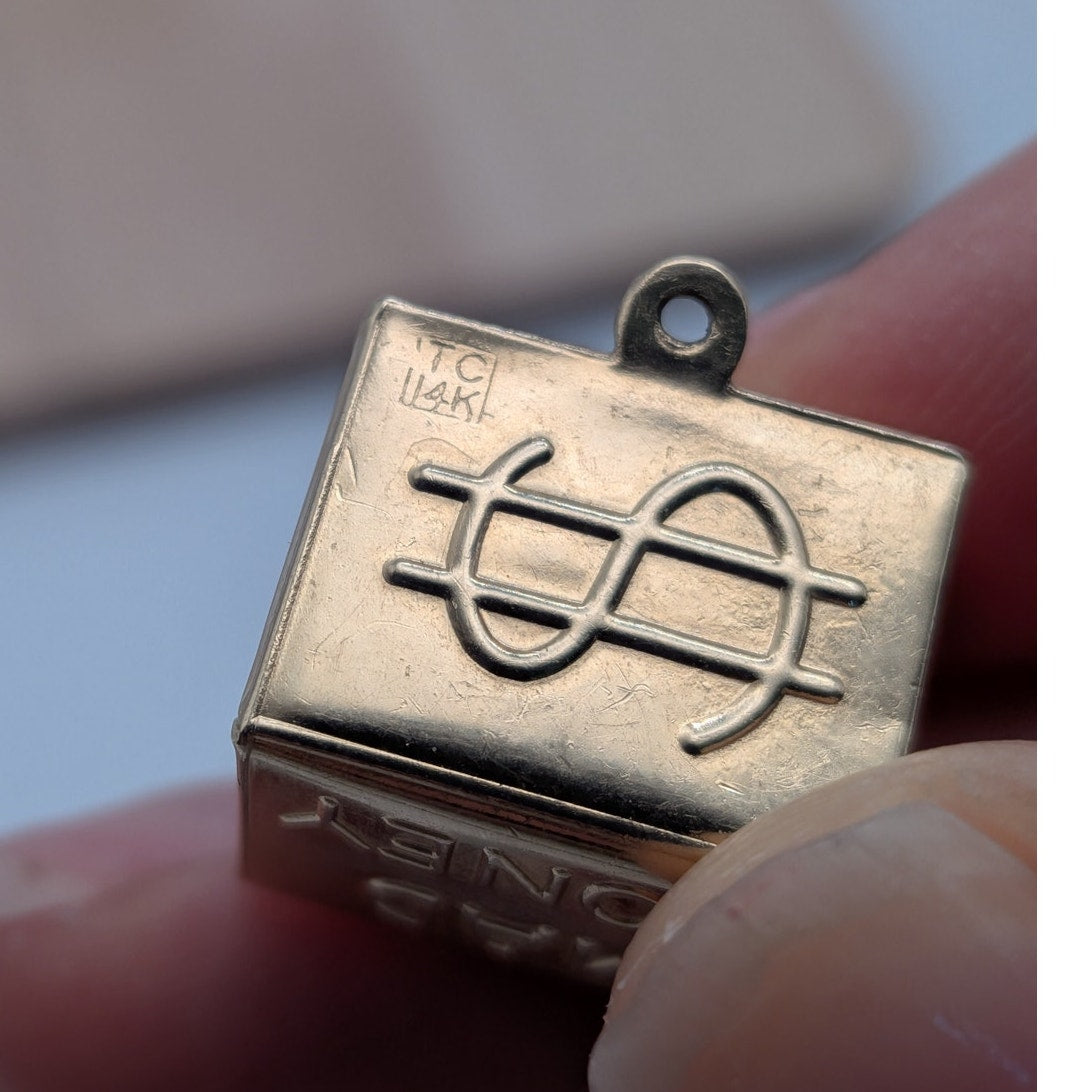 Vintage 14k Yellow Gold Mad Money Charm Pendant w/ Dollar Bill