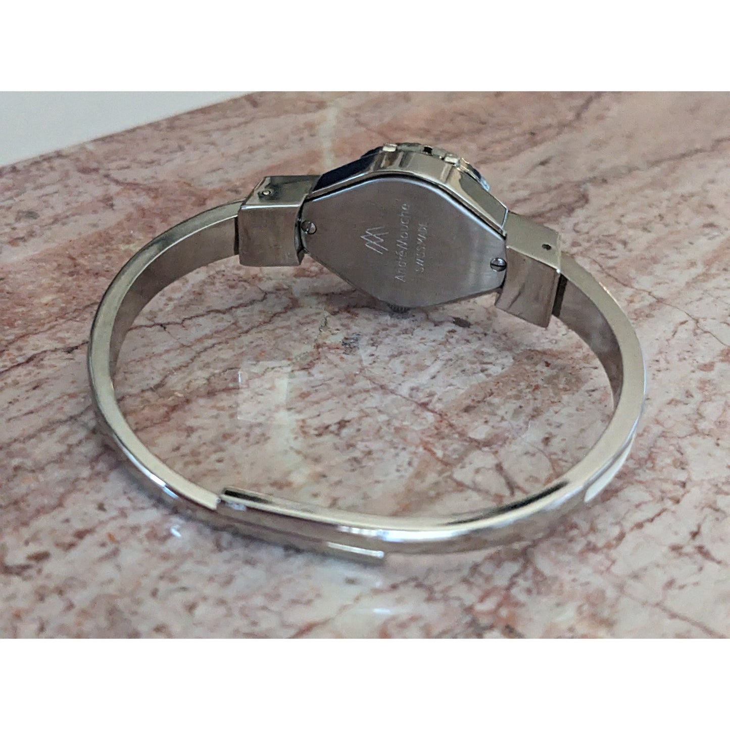 Vintage Andre Mouche Silver Tone Bangle Watch White Enamel Blue Flowers