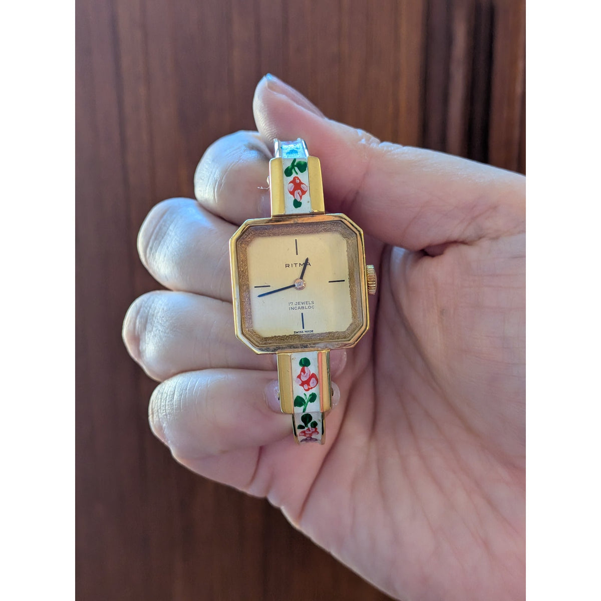 Vintage Ritma MANUAL Gold Tone Bangle Watch White Enamel & Flowers Square Dial