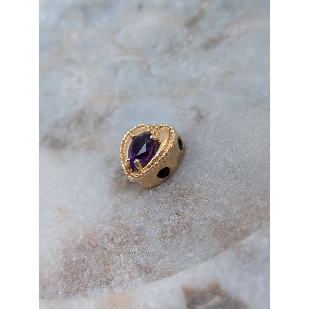 Vintage Old Victoria 14k Gold Heart Bracelet Slide Charm Purple Stone
