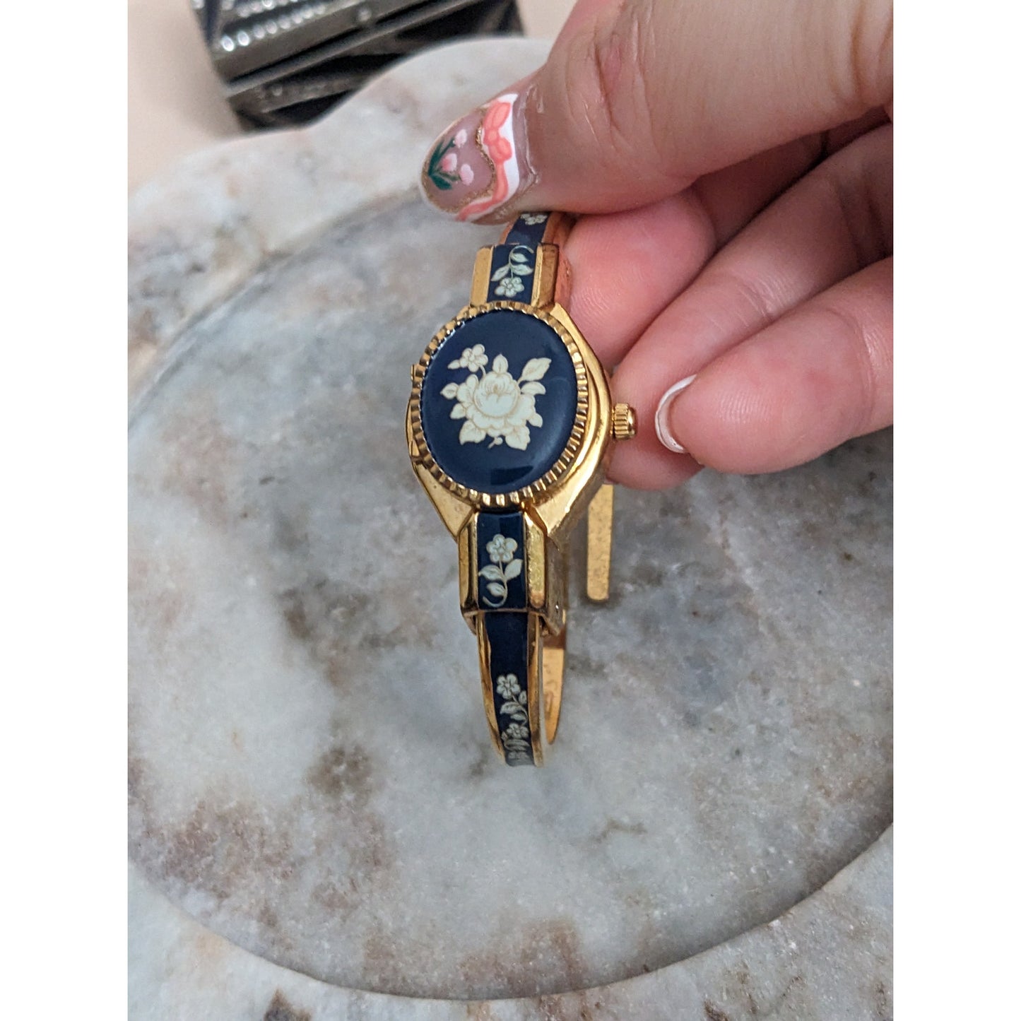 Vintage Andre Mouche Gold Tone Bangle Watch with Deep Blue Floral Enamel Working