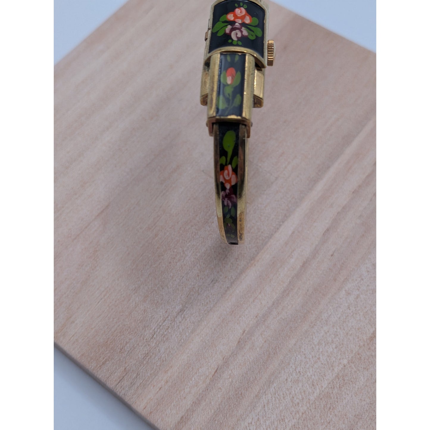 Vintage Ritma Gold Tone Peekaboo Watch Black Enamel Pink Purple Flowers