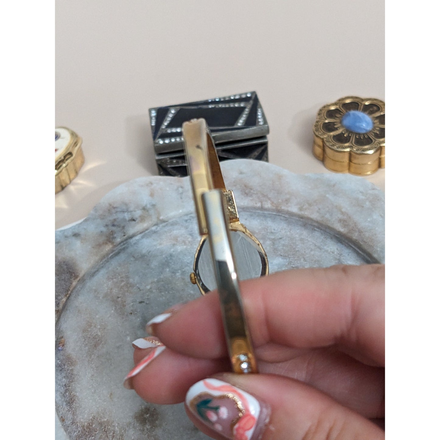 Vintage Andre Mouche Silver Tone Bangle Watch with Blue Floral Enamel Working