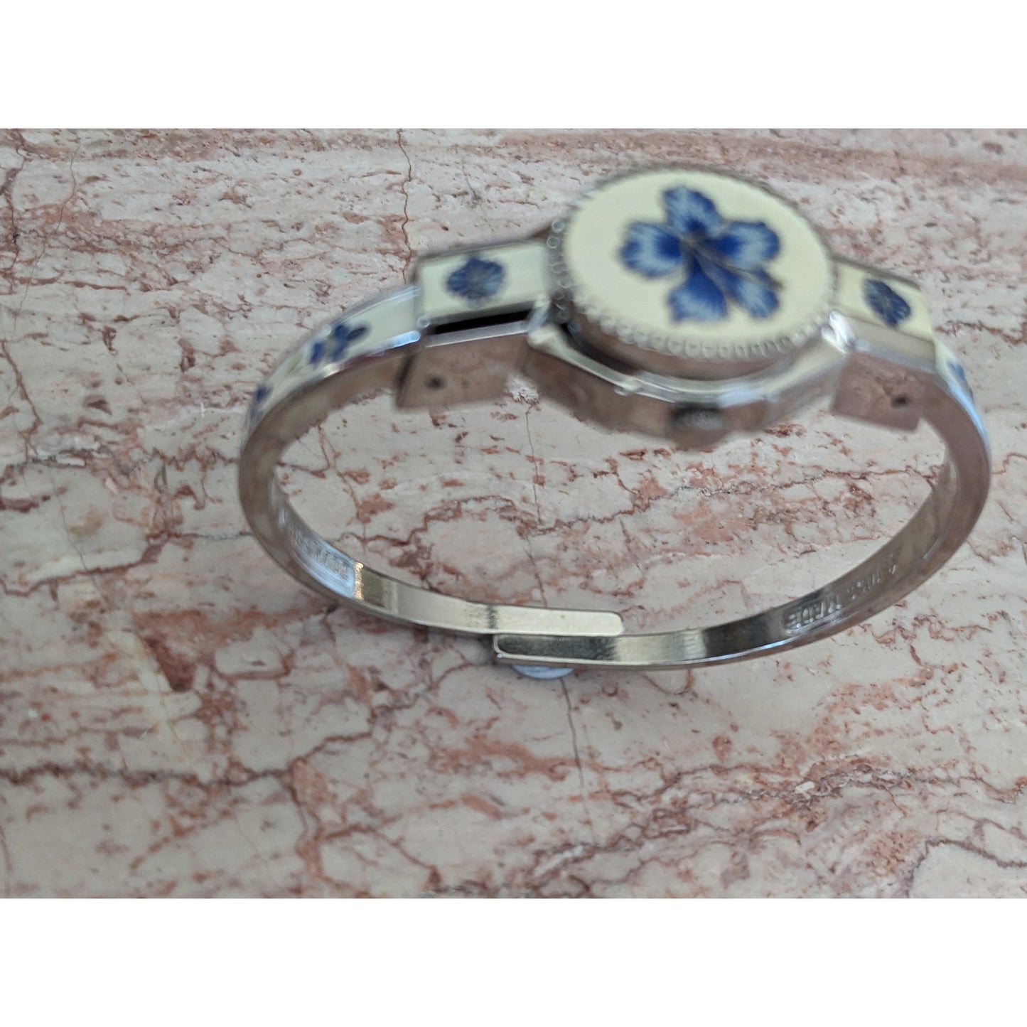 Vintage Andre Mouche Silver Tone Bangle Watch White Enamel Blue Flowers