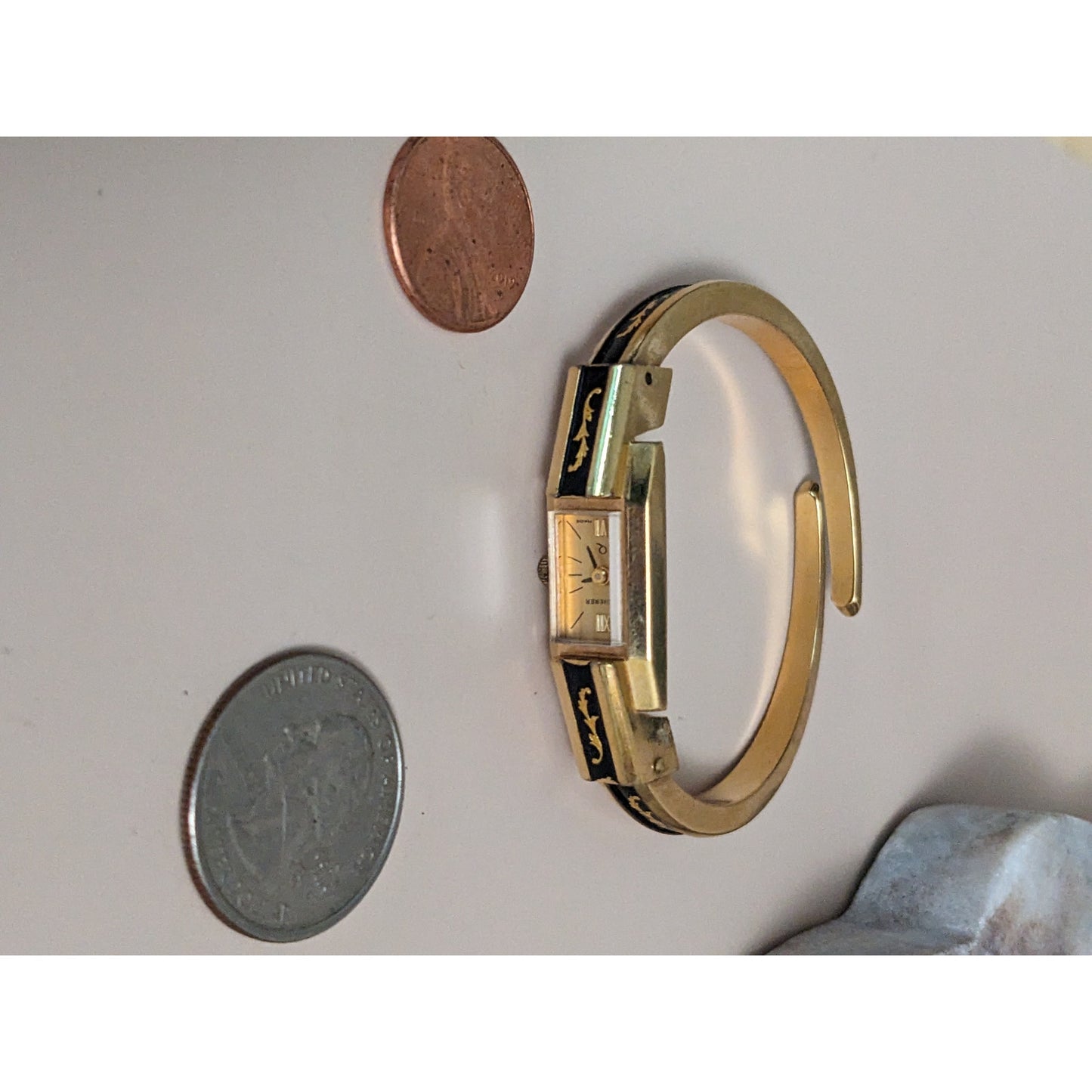 Vintage Andre Mouche Silver Tone Bangle Watch with Blue Floral Enamel Working