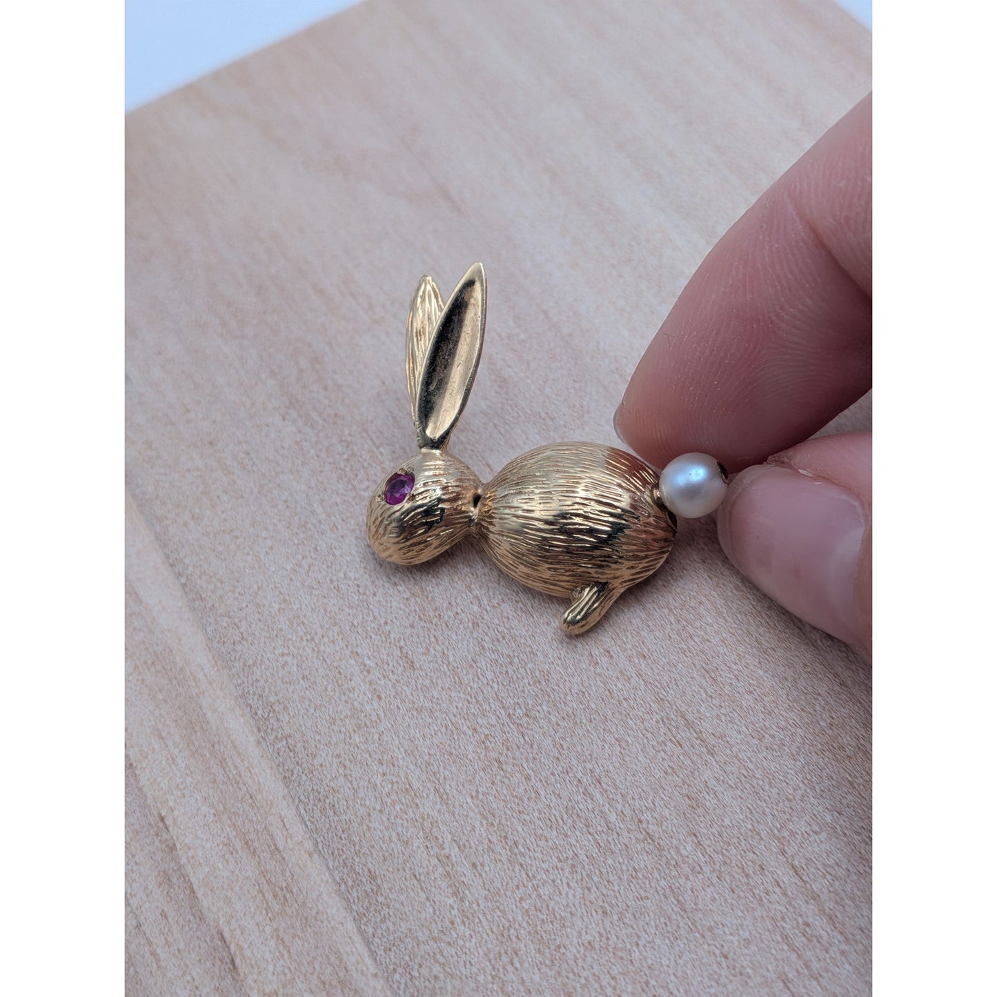 Vintage 14k Yellow Gold Rabbit Brooch with Pink Eye and Pearl