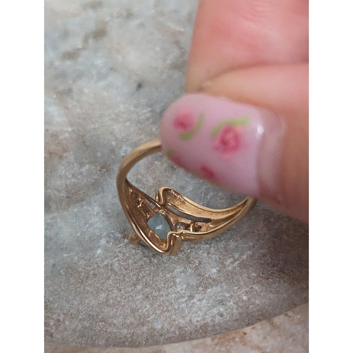 Vintage 10k Yellow Gold Ring with Light Blue Stone and Diamond Accents Size 6.75