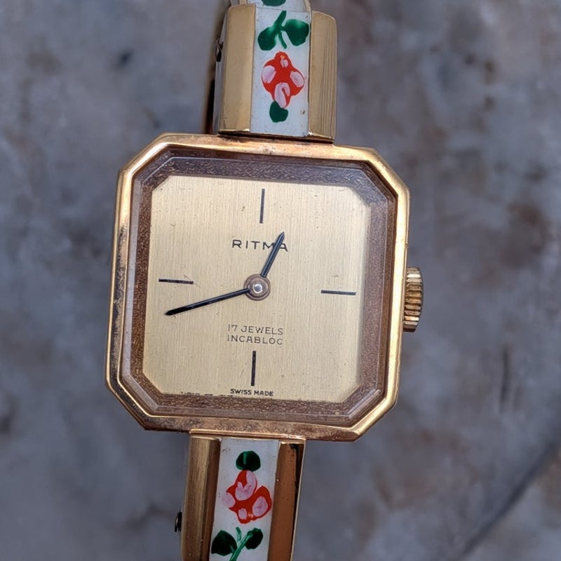 Vintage Ritma MANUAL Gold Tone Bangle Watch White Enamel & Flowers Square Dial