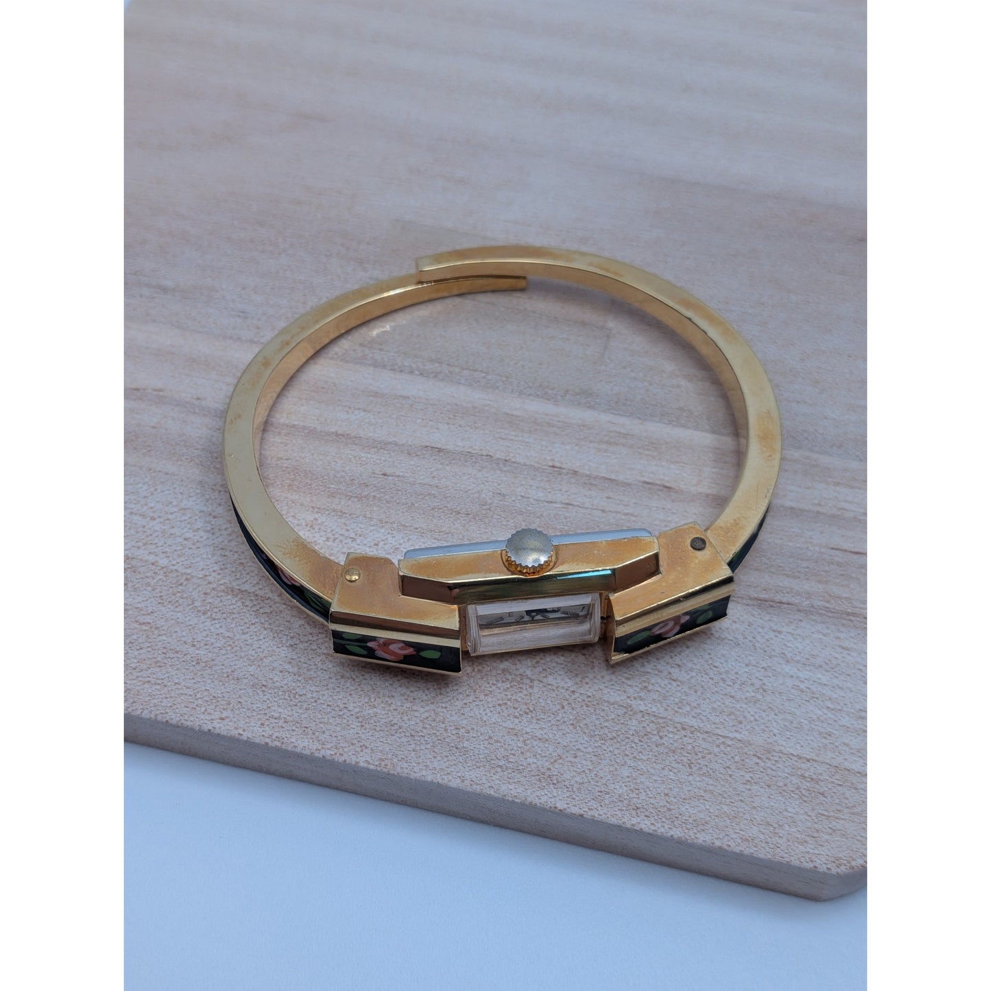 Vintage Itraco Gold Tone Dainty Bangle Watch Black Enamel Pink Purple Flowers