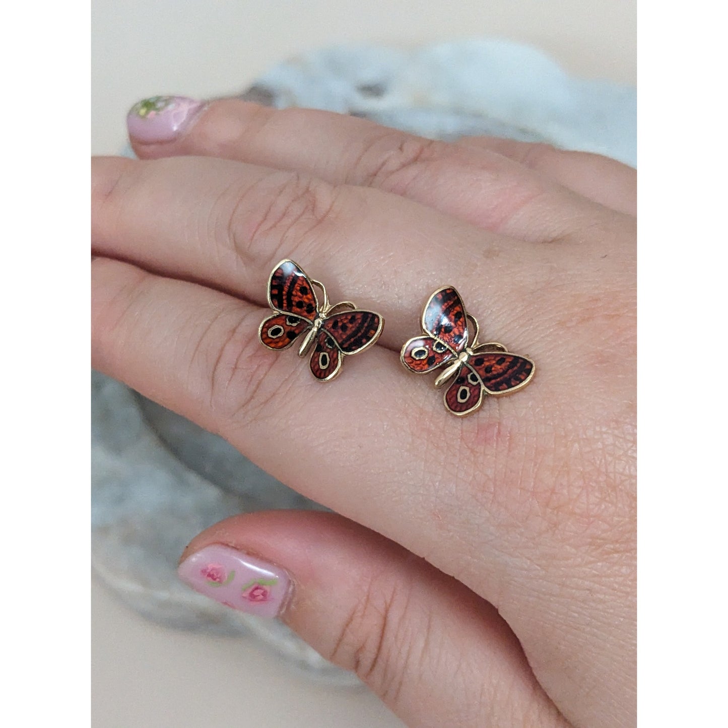 Vintage 14k Yellow Gold Butterfly Enamel Red and Black Stud Earrings