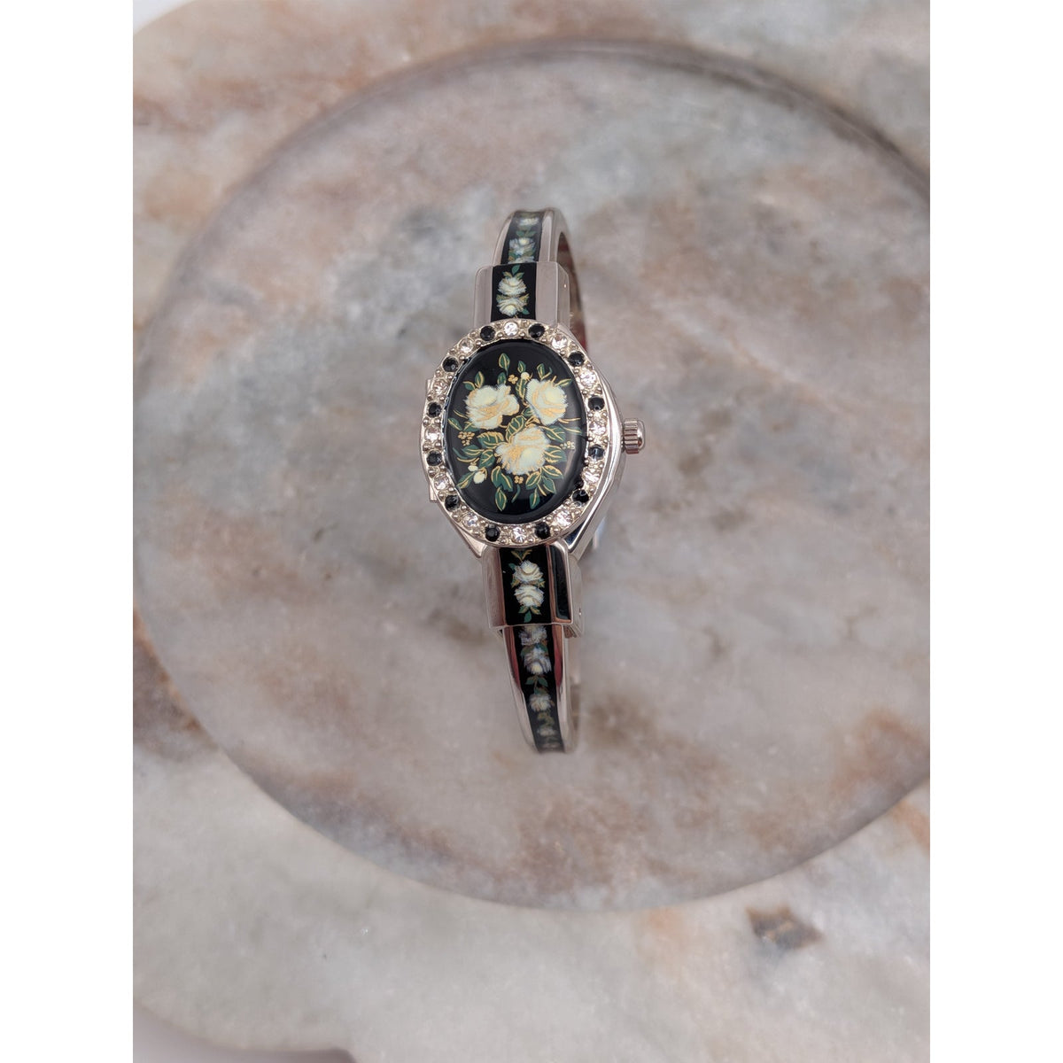 Andre Mouche Silver Tone Bangle Peekaboo Watch Black Enamel White Roses & Stones