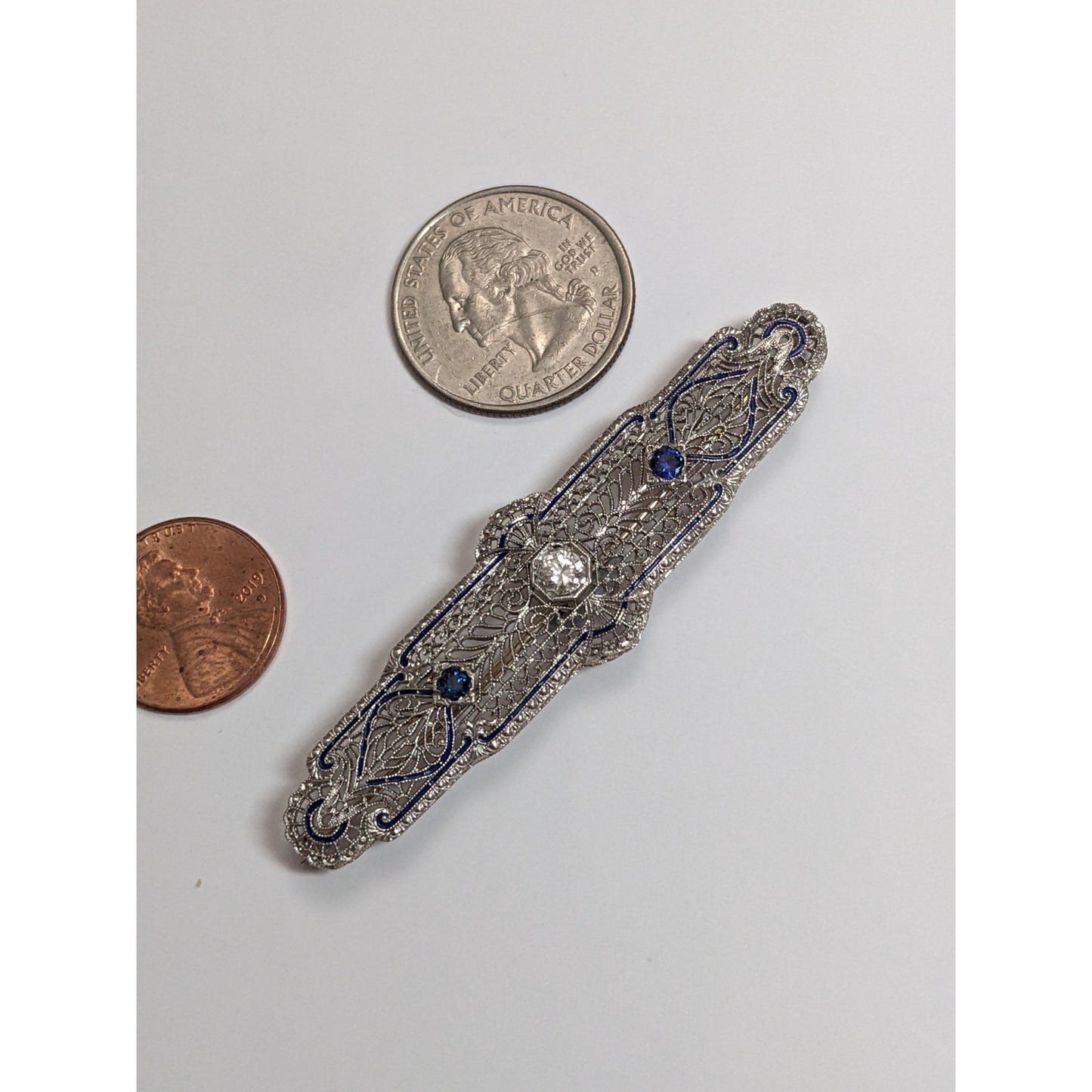 Vintage 14k White Gold Filigree Blue Enamel Diamond and Sapphire Accent Brooch