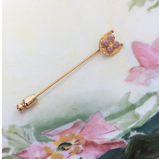 Vintage 10k Yellow and Rose Gold Flower on Horseshoe Stick Pin