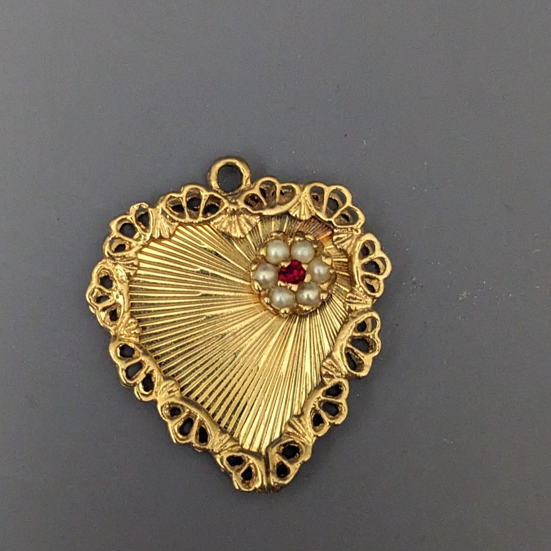 Vintage 14k Solid Yellow Gold with Pearls and Red Gem Flower Heart Pendant