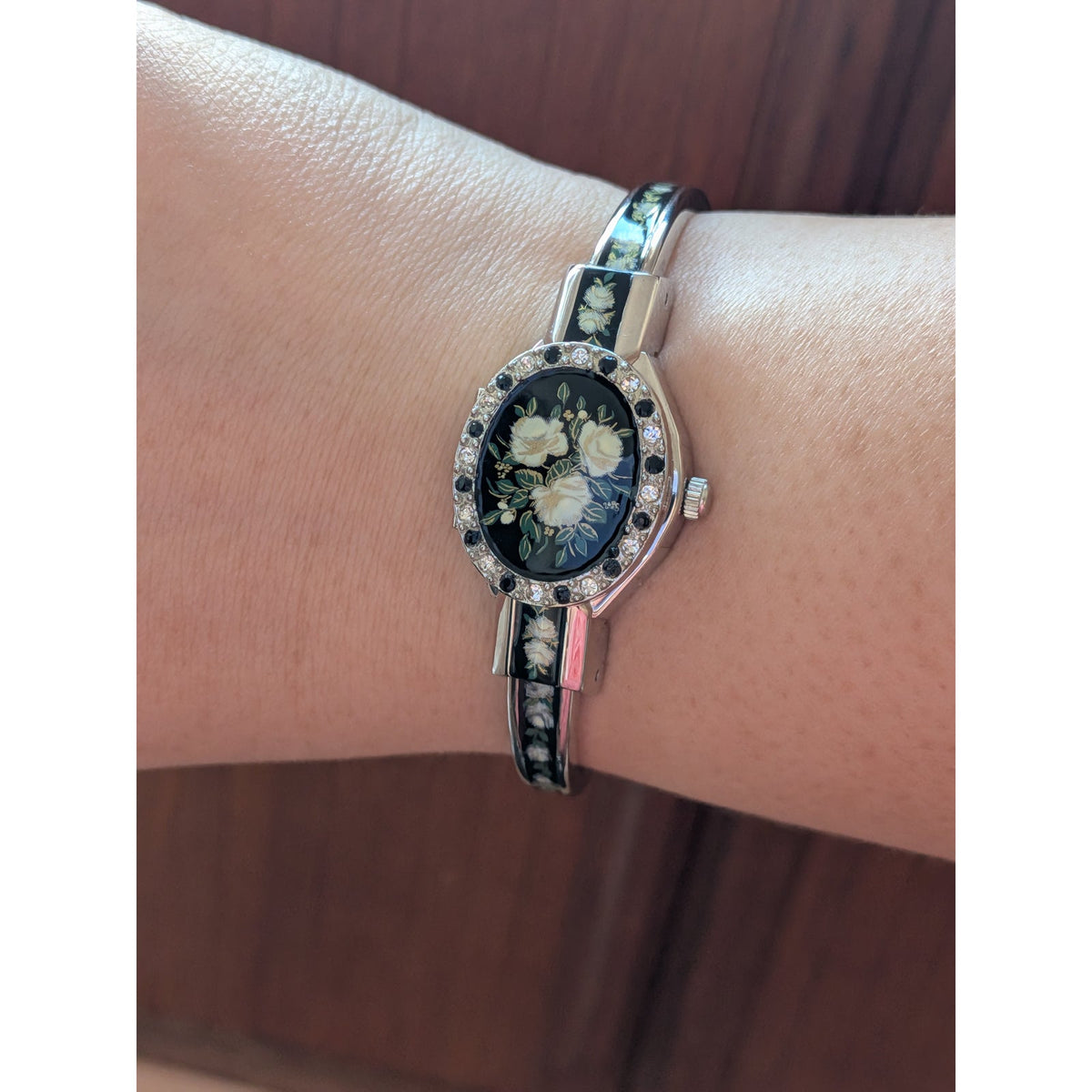 Andre Mouche Silver Tone Bangle Peekaboo Watch Black Enamel White Roses & Stones