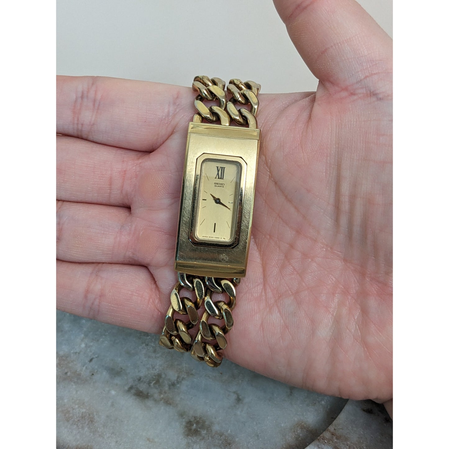 Vintage Andre Mouche Silver Tone Bangle Watch with Blue Floral Enamel Working