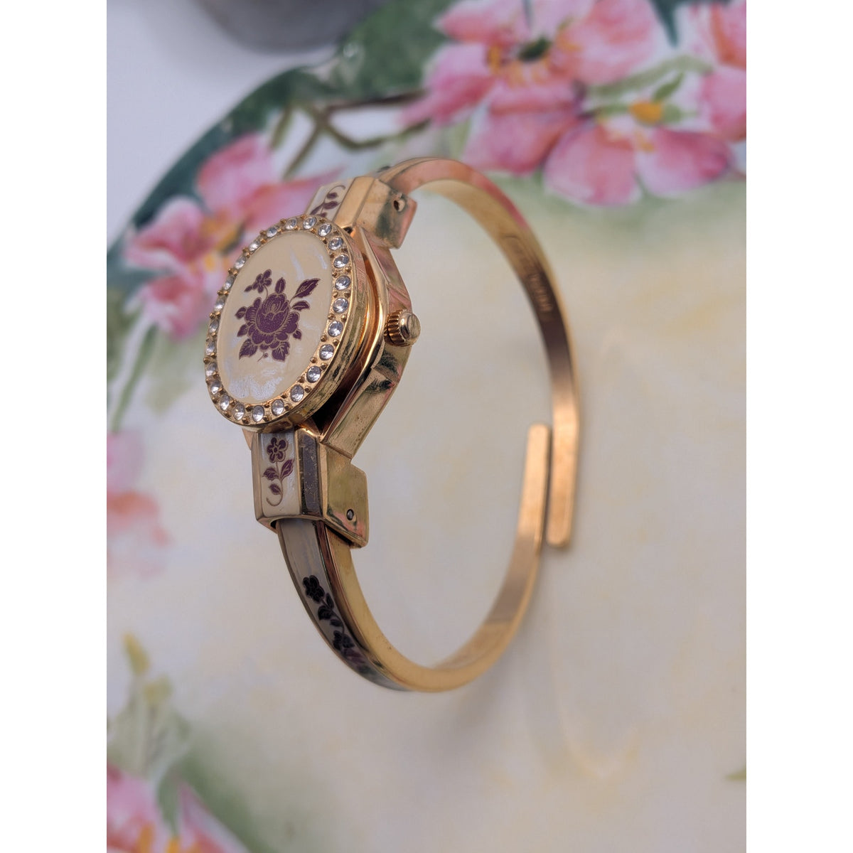 Vintage Andre Mouche Gold Tone Peekaboo Watch Cream Enamel Red Flowers & Stones