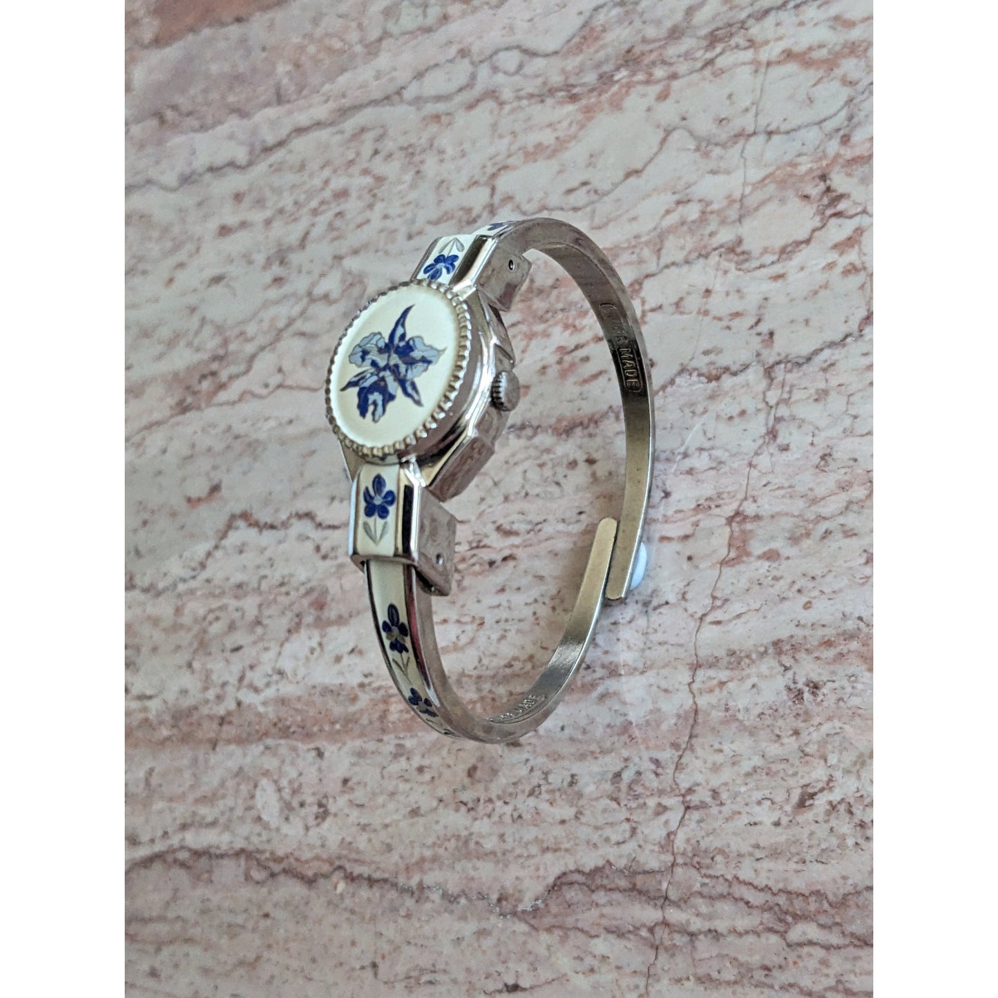 Vintage Andre Mouche Silver Tone Bangle Watch White Enamel Blue Flowers