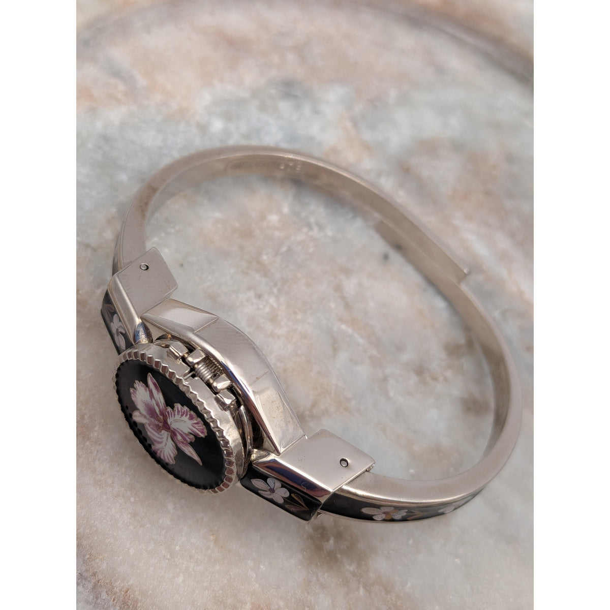 Vintage Andre Mouche Silver Tone Peekaboo Watch Black Enamel Purple Flower